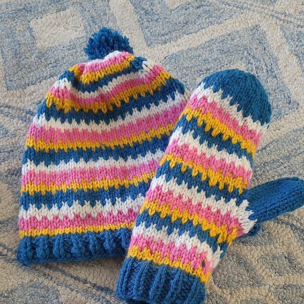 Pink and Blue Knitted Gloves and Mittens Set